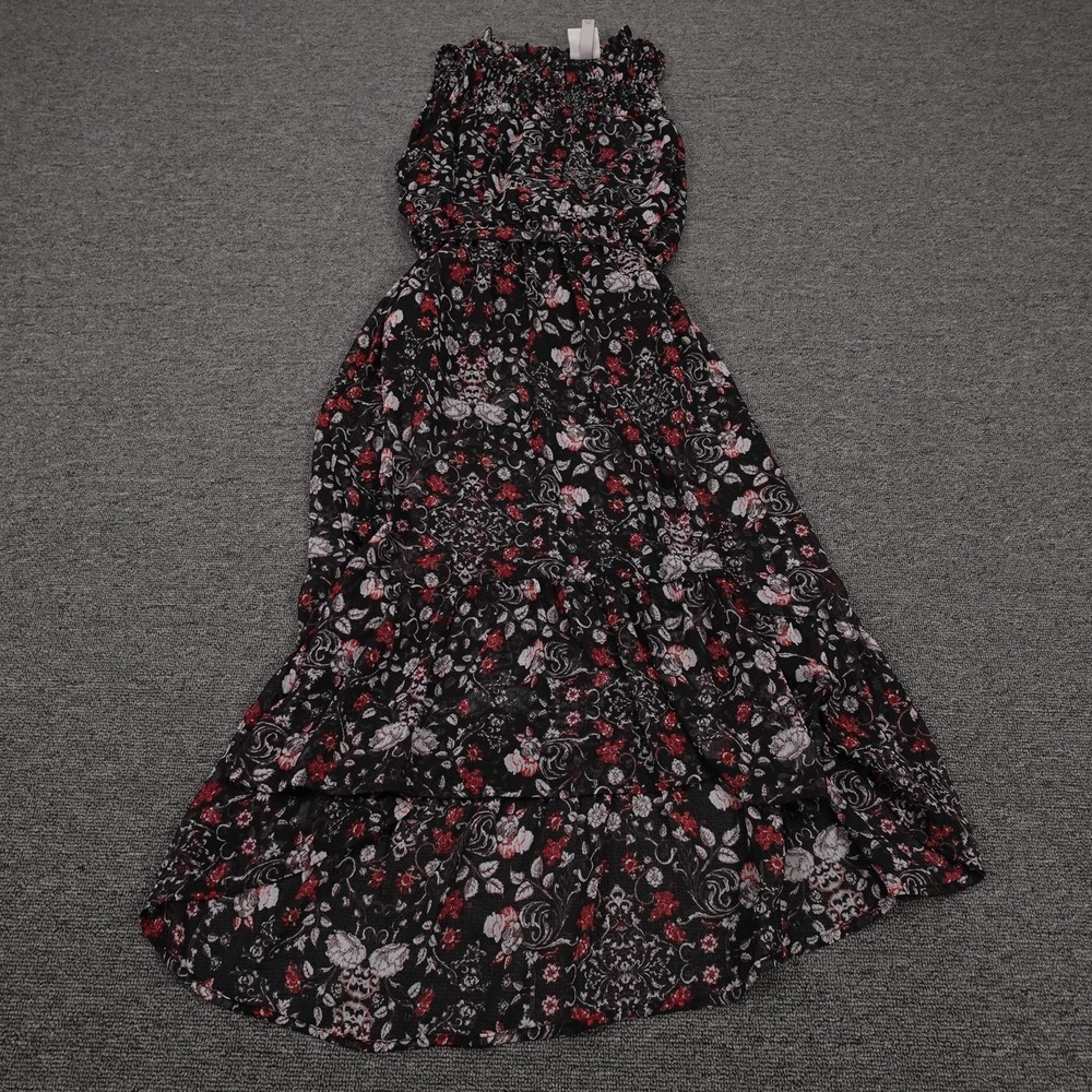 Knox Rose Black Floral Smocked Maxi Dress with Red and White Flowers